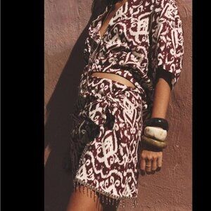 🏜️ ZARA Beaded Fringe Tie-Front Skirt Matching Top Terracotta Boho Pattern